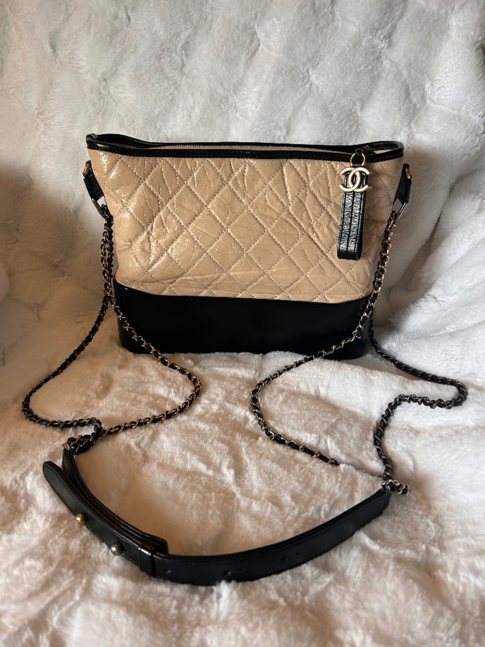 Chanel Gabrielle Quilted Aged Calf Leather, M, Beige and Black